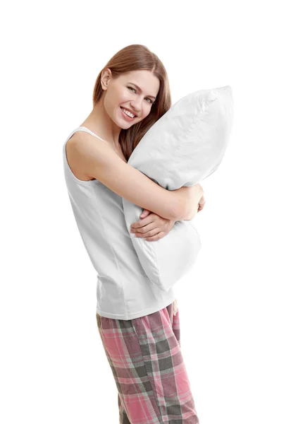 Young woman hugging orthopedic pillow — Stock Photo, Image