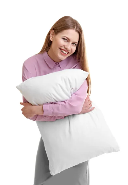 Young woman hugging orthopedic pillow — Stock Photo, Image