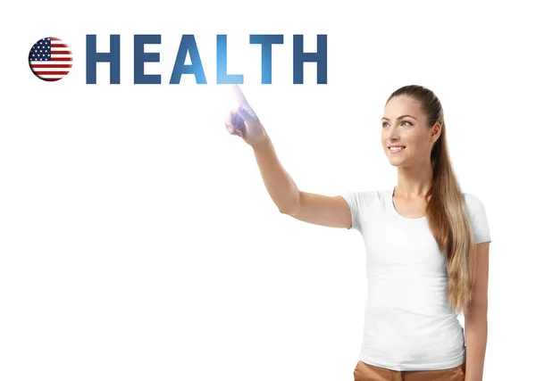 Wort Gesundheit und Frau auf weißem Hintergrund — Stockfoto