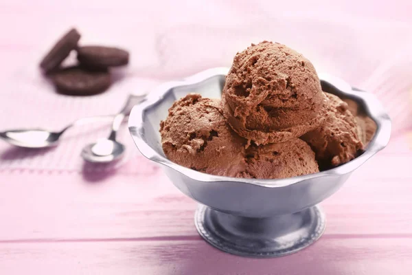 Metal bowl with chocolate ice cream — Stock Photo, Image