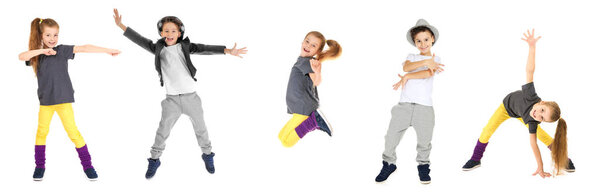 Dance concept. Collage of little children on white background