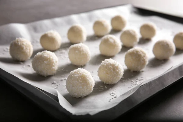 Baking tray with coconut candies