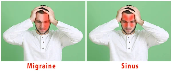 Hombre joven con diferentes tipos de dolor de cabeza en el fondo de color —  Fotos de Stock