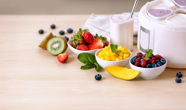 Yogurt maker moderno e ingredienti — Foto Stock