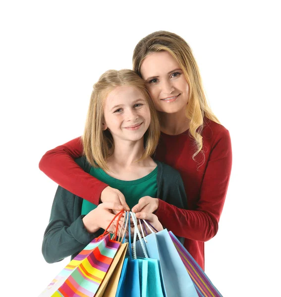 Madre e hija con bolsas de papel —  Fotos de Stock