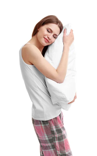 Junge Frau umarmt orthopädisches Kissen — Stockfoto