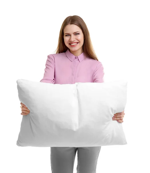 Young woman holding orthopedic pillow — Stock Photo, Image