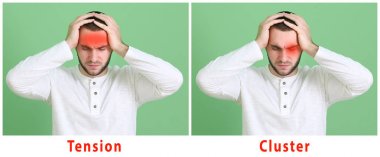 Young man with different types of headache on color background clipart
