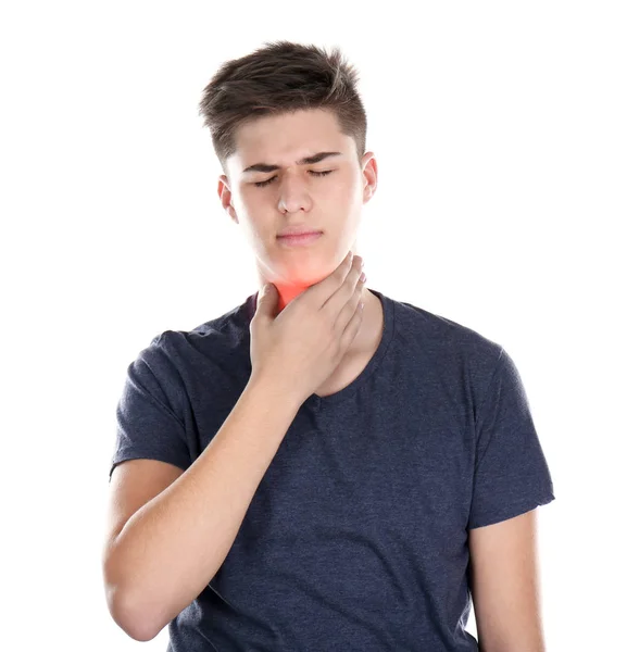 Άρρωστος Νεαρός Άνδρας Που Αγγίζει Λαιμό Λευκό Φόντο Αλλεργίες Και — Φωτογραφία Αρχείου