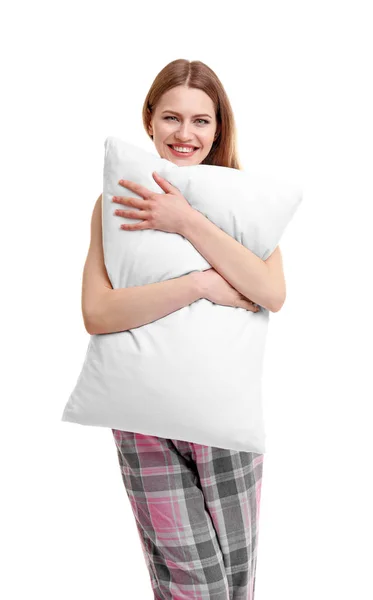 Mujer joven abrazando almohada ortopédica — Foto de Stock