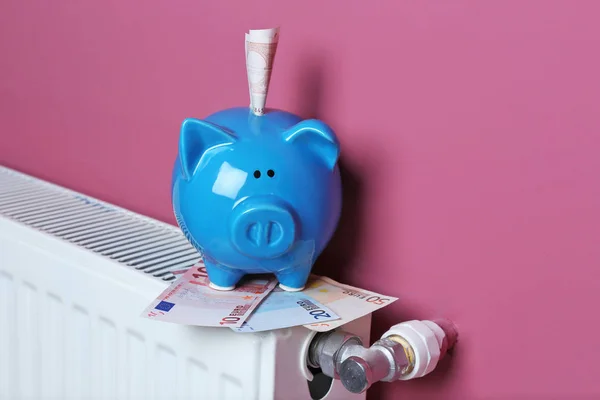 Cute blue piggy bank with money — Stock Photo, Image