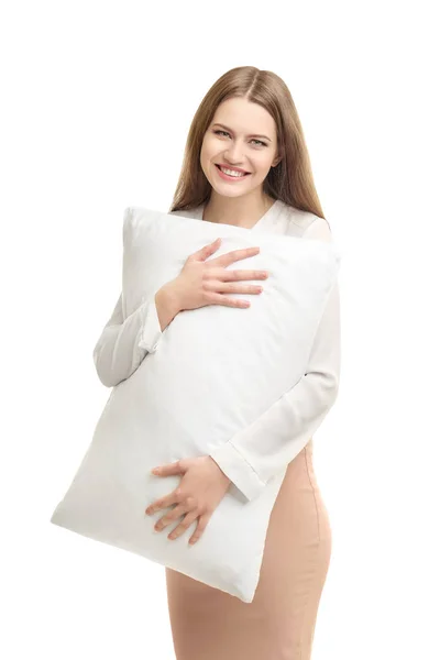 Young woman hugging orthopedic pillow — Stock Photo, Image