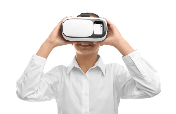 Écolière avec lunettes de réalité virtuelle sur fond blanc — Photo