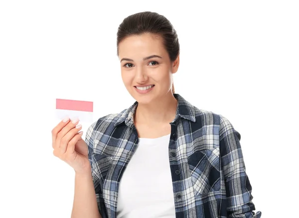 Young woman with business card — Stock Photo, Image