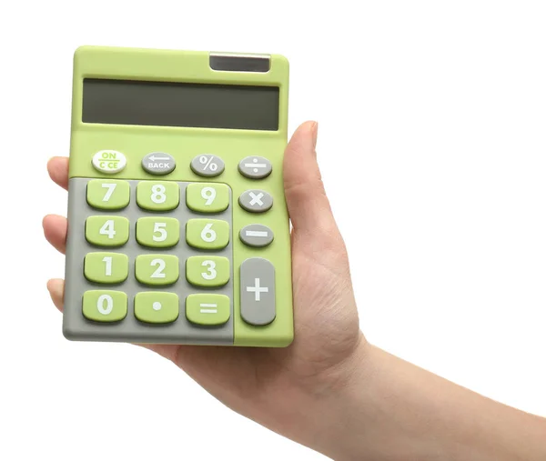 Mão feminina segurando calculadora — Fotografia de Stock