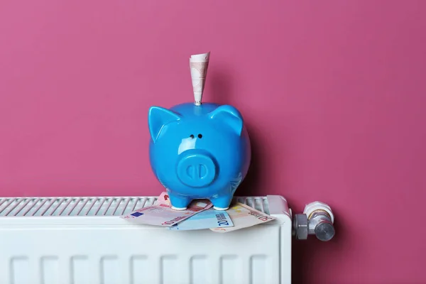Bonito banco porquinho azul com dinheiro — Fotografia de Stock