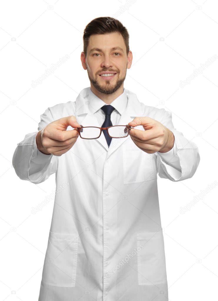 Handsome ophthalmologist holding glasses 