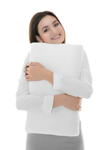 Young beautiful woman with orthopedic pillow — Stock Photo, Image
