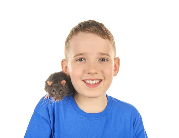 Schattige jongen met grappige rat — Stockfoto