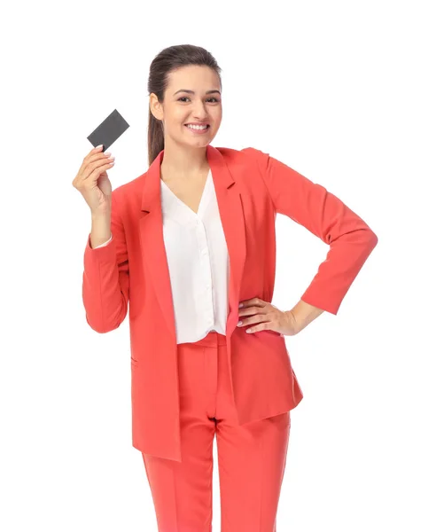 Young woman with business card — Stock Photo, Image