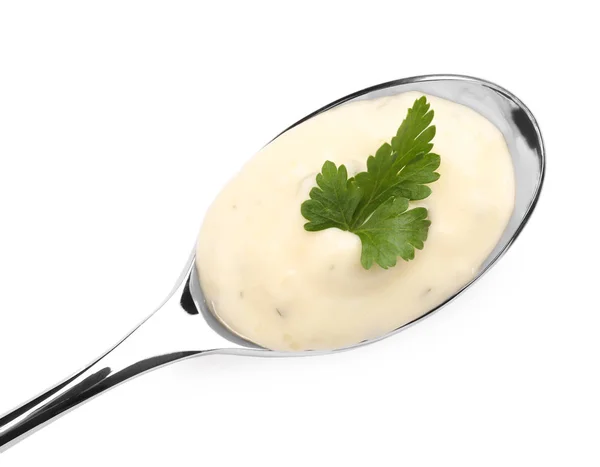 Mayonnaise mit Petersilie im Löffel — Stockfoto