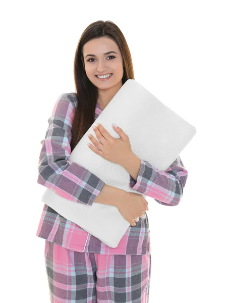 Young beautiful woman with orthopedic pillow — Stock Photo, Image