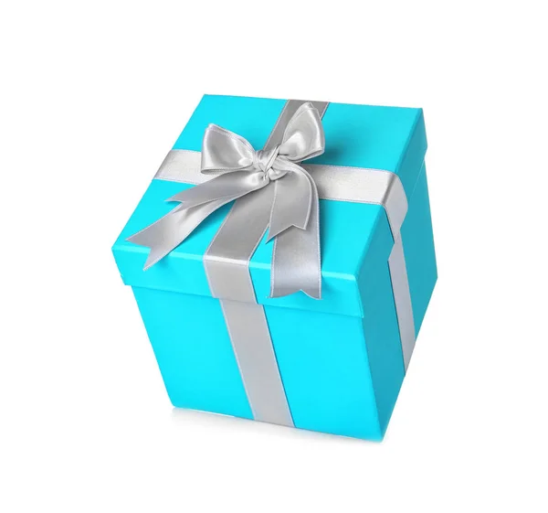 Turquoise gift box with silver ribbon — Stock Photo, Image