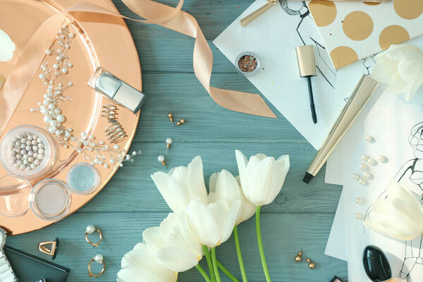 flowers, cosmetics, sketches and accessories