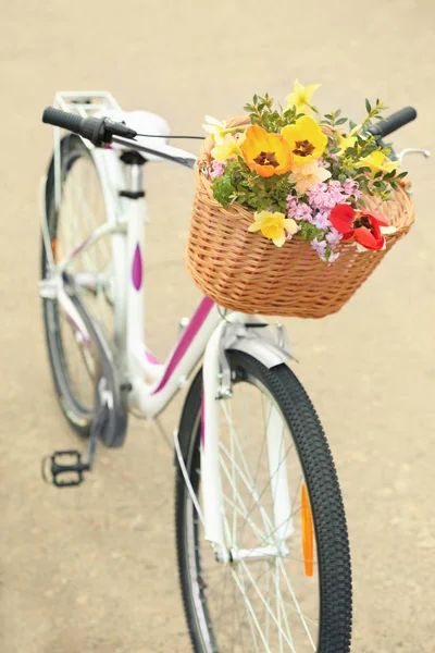 Cykel med vacker korg med blommor — Stockfoto