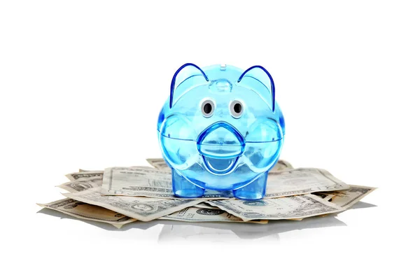 Transparant blauw piggy bank — Stockfoto