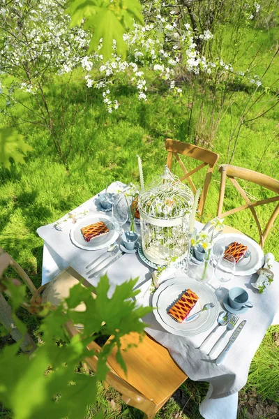 テーブルの設定と花とケージ — ストック写真