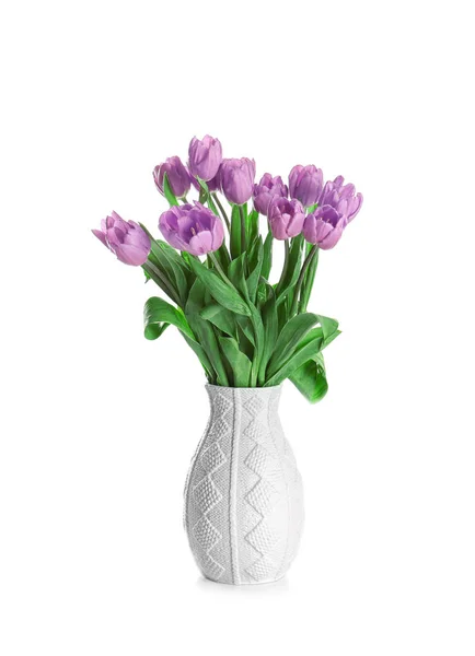 Vas med bukett lila tulpaner — Stockfoto