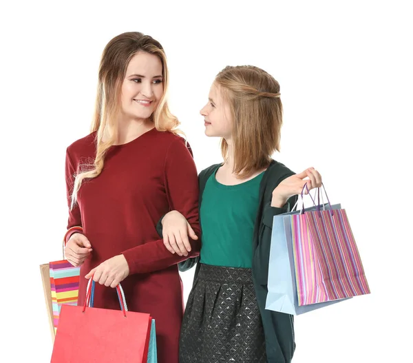 Madre e hija con bolsas de papel — Foto de Stock