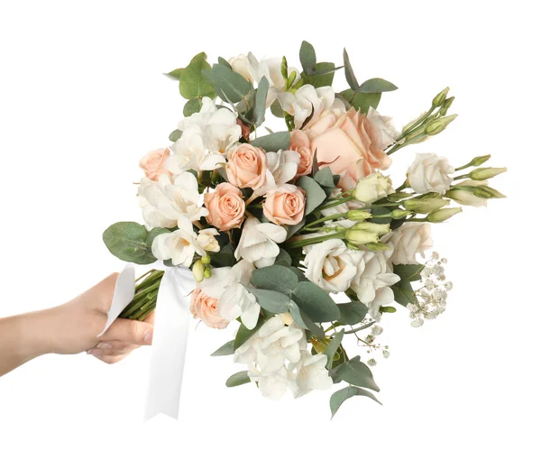 Donna che tiene bouquet con fiori fresia — Foto Stock