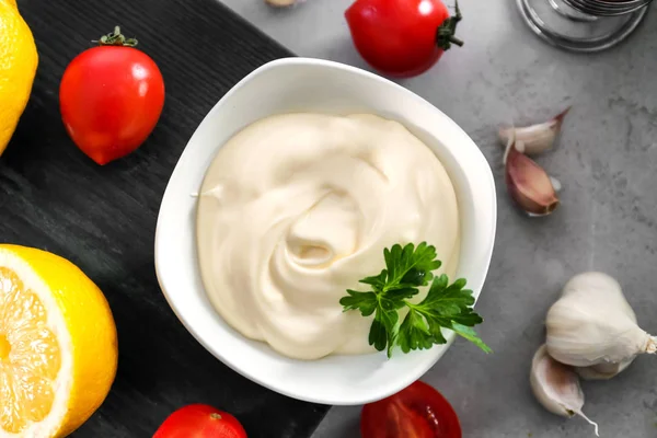 Delicious mayonnaise in bowl — Stock Photo, Image