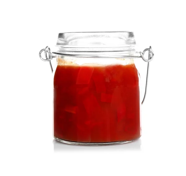 Jar with tasty chili sauce — Stock Photo, Image