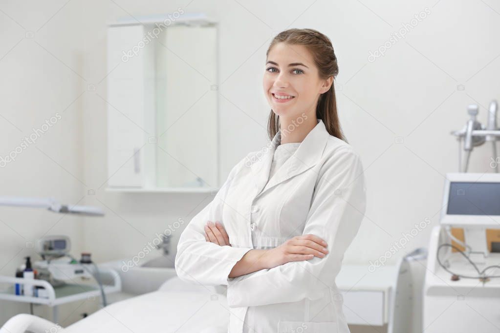 Young beautiful doctor in dermatology clinic