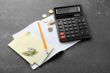 Hesap makinesi, defter, kalem ve para 
