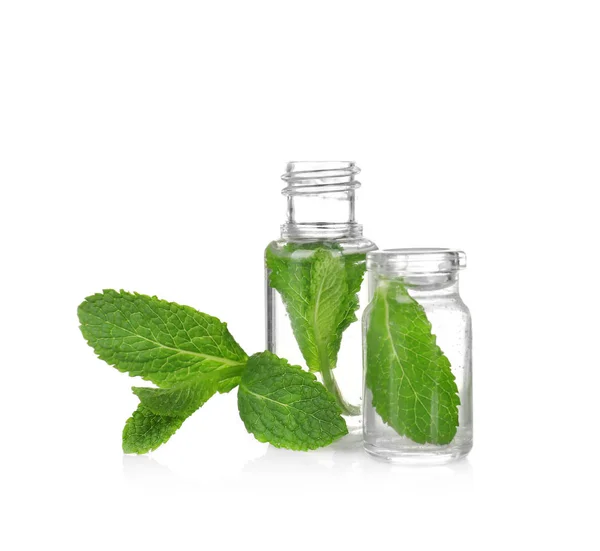 Perfume bottles and fresh mint — Stock Photo, Image
