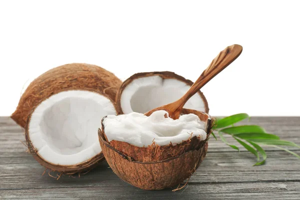 Composición con aceite de coco en frasco — Foto de Stock