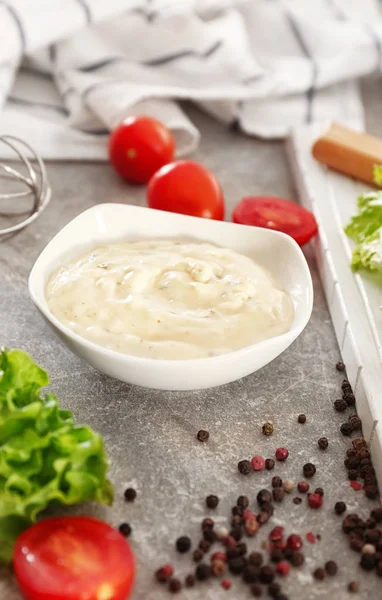 Delicious mayonnaise in bowl — Stock Photo, Image