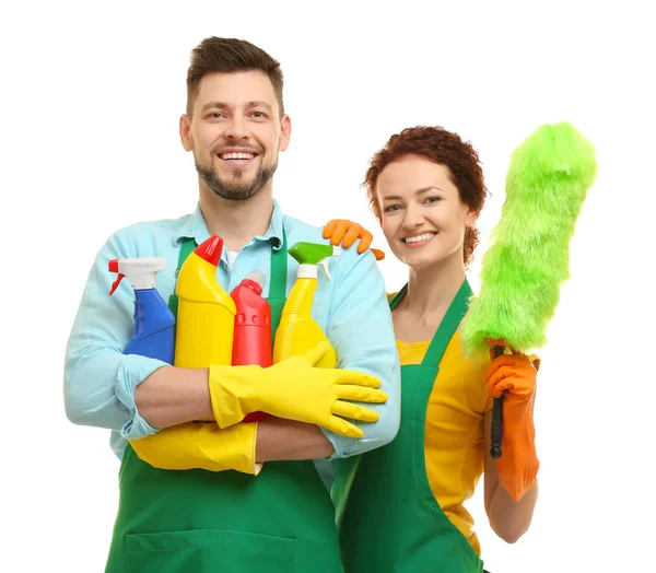 Casal com material de limpeza — Fotografia de Stock