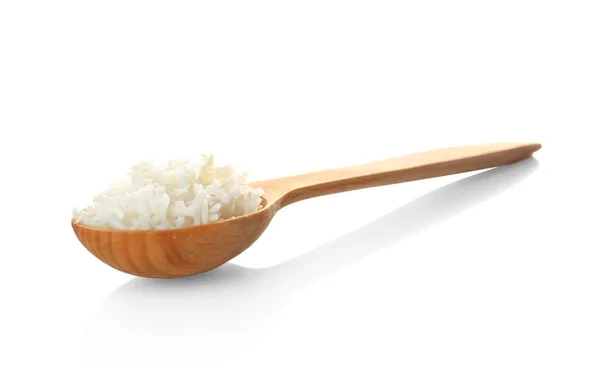 Cuchara de madera con arroz de coco sobre fondo blanco — Foto de Stock