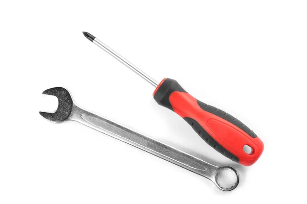Combination wrench and screwdriver on white background — Stock Photo, Image