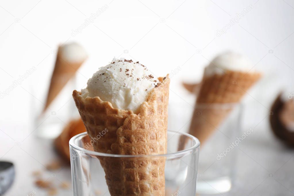 Waffle cones with balls of ice cream