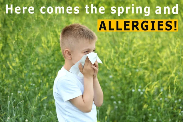 Kisfiú Szövet Kültéri Pollen Allergia Fogalma — Stock Fotó