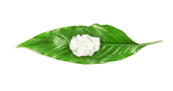 Shea butter on green leaf — Stock Photo, Image