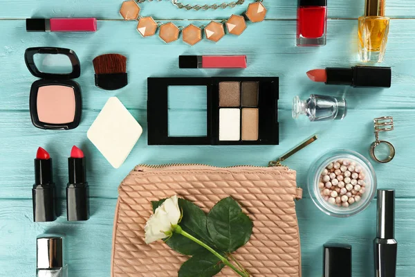 Composition with cosmetics on wooden — Stock Photo, Image