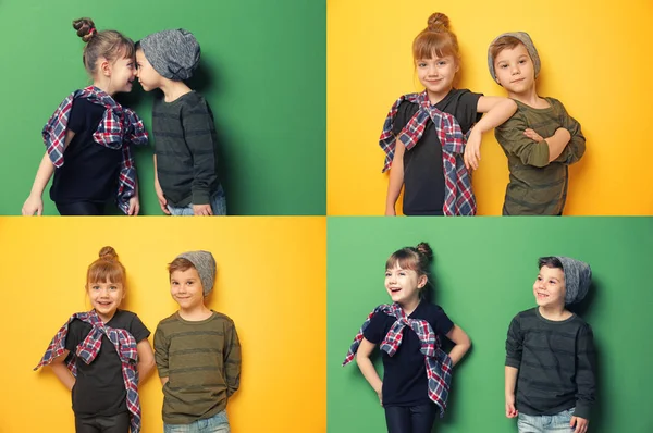 Kollage av snygga söta barn poserar på färg bakgrunden — Stockfoto