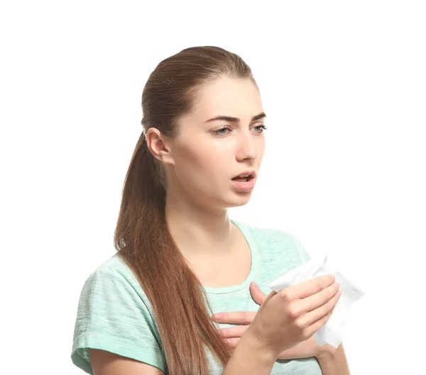 Young woman suffering from cough on white background — Stock Photo, Image